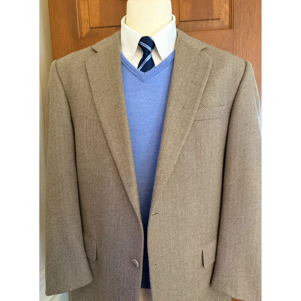 Alan Lebow Herringbone Sport‎ Coat Mens 44R Tan Wool Cashmere Blazer Jacket